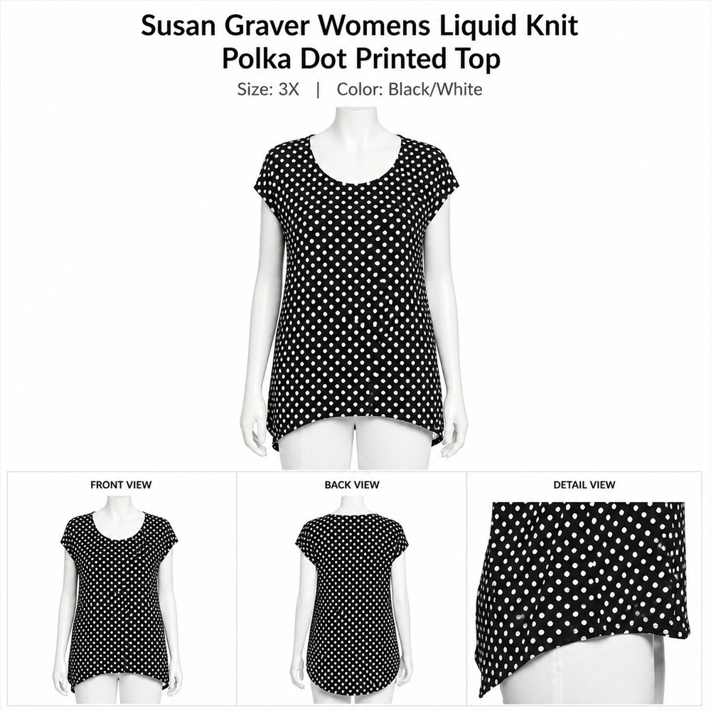 Susan Graver Womens 3X Liquid Knit Polka Dot Scoop Neck Hi-Low Top Black A253257